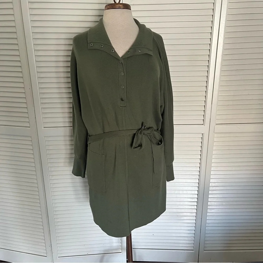 Anthropologie Daily Practice sweater dress Olive Green Polo knit Belted small
